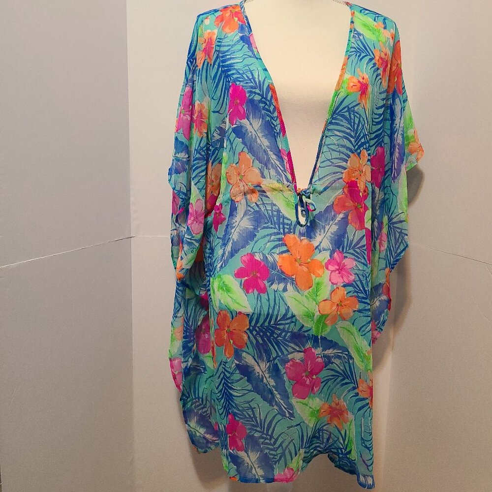 KATHY IRELAND ''HAWAIIAN PARADISE'' BEACH COVER-UP-BLUE PINK TROPICAL - SZ M-NWT